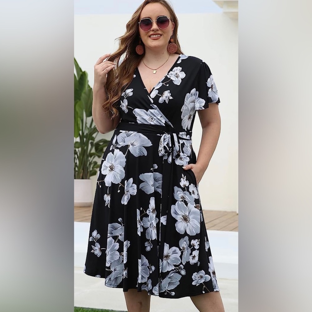 NWOT - kissmay Plus Size Womens V Neck Cocktail Party Midi Dress w/ Pocket - Picture 2 of 4